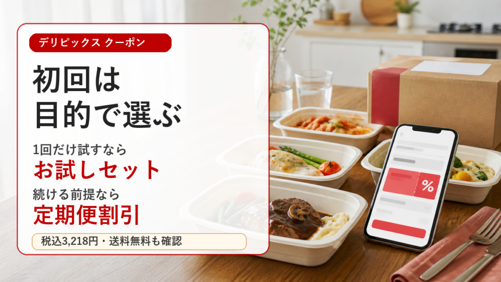 デリピックスのクーポンはお試しセットと定期便割引を目的で選ぶイメージ画像