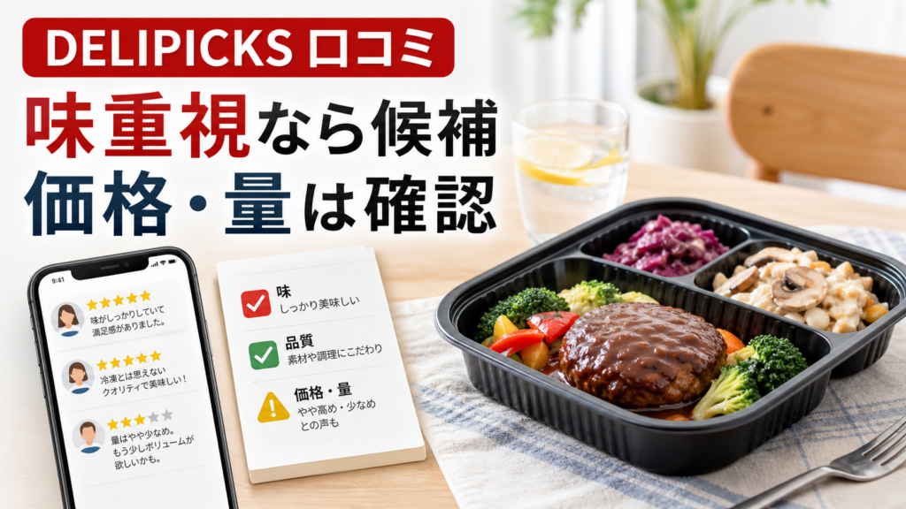 DELIPICKS口コミは味重視なら候補で価格と量は確認が必要と示すアイキャッチ画像