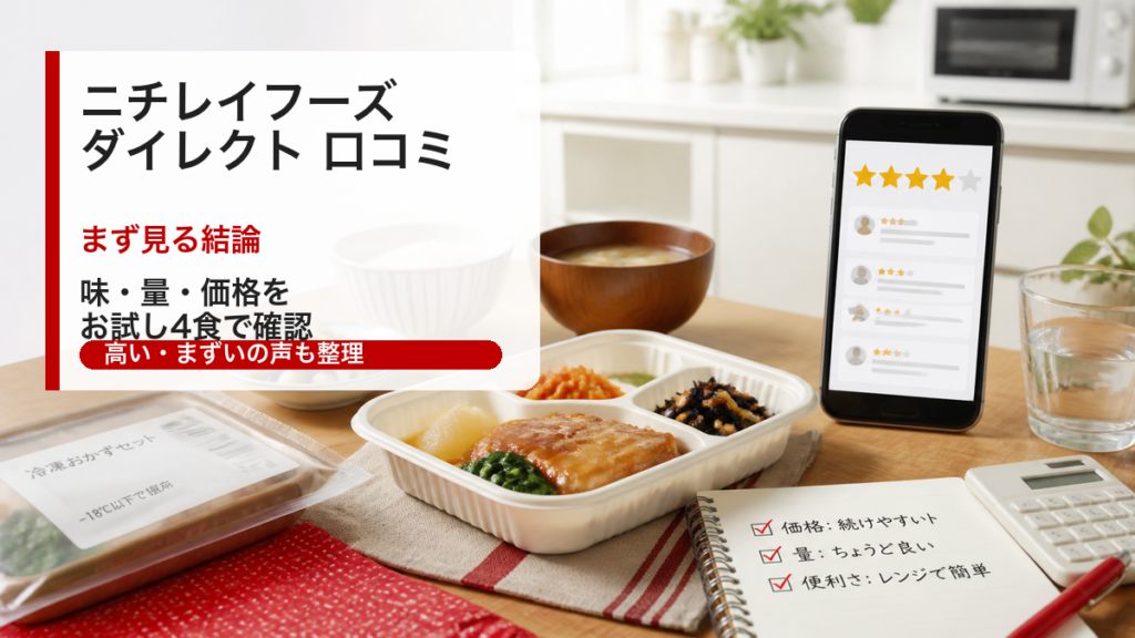 ニチレイフーズダイレクトの口コミを味・量・価格で確認するイメージ