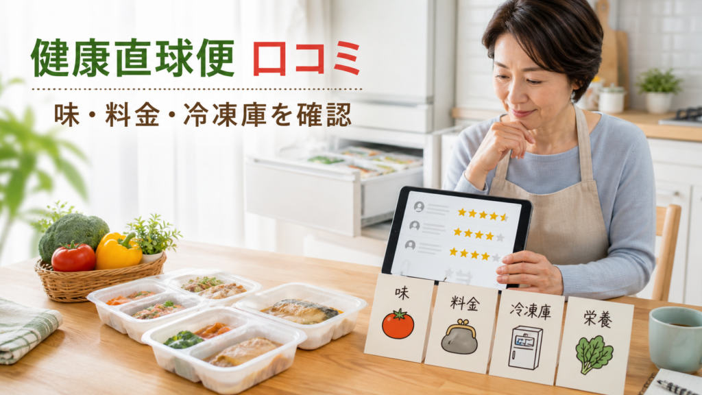 健康直球便口コミは味と料金と冷凍庫を確認して判断することを示すアイキャッチ画像