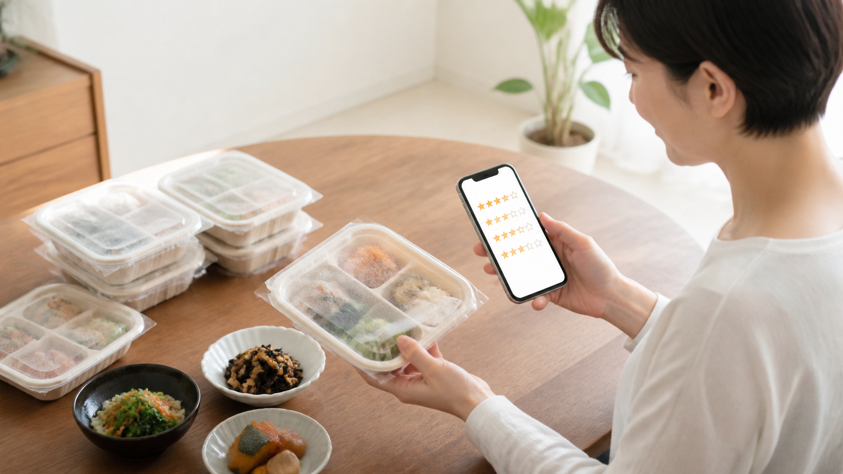 冷凍宅配食の口コミをスマートフォンで確認するイメージ画像
