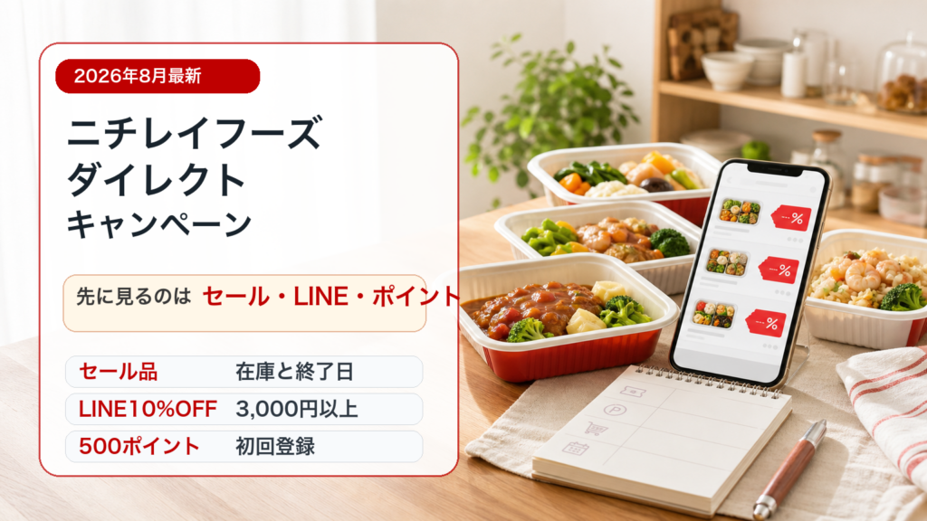 ニチレイフーズダイレクトのキャンペーンでセール品とLINE10％OFFと500ポイントを比較するイメージ画像