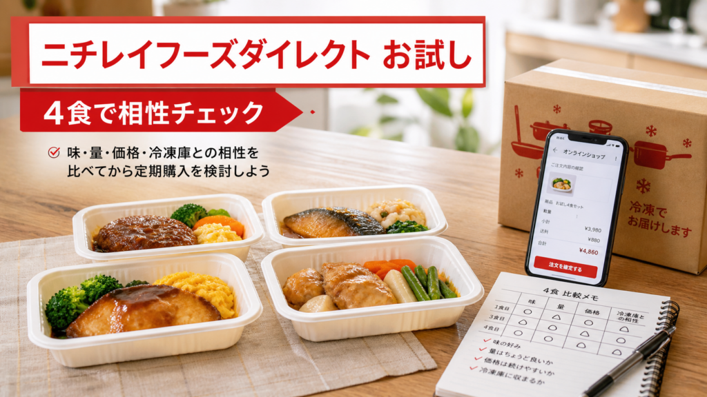 ニチレイフーズダイレクトお試し4食で味と量と価格と冷凍庫の相性を確認するイメージ画像