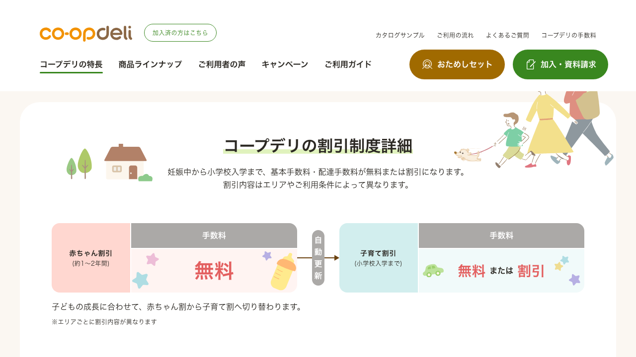 コープデリ公式サイトで赤ちゃん割引と子育て割引を説明している画面