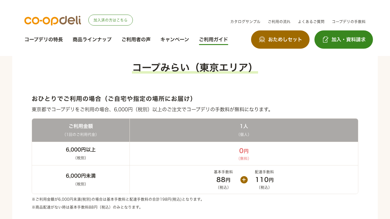 コープデリ公式サイトで東京都の手数料を説明している画面