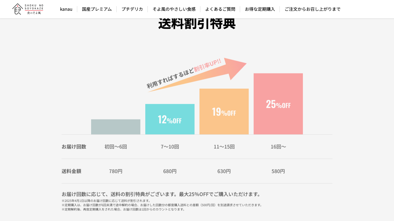 食のそよ風公式サイトのお得な定期購入ページで送料割引特典を示す画面