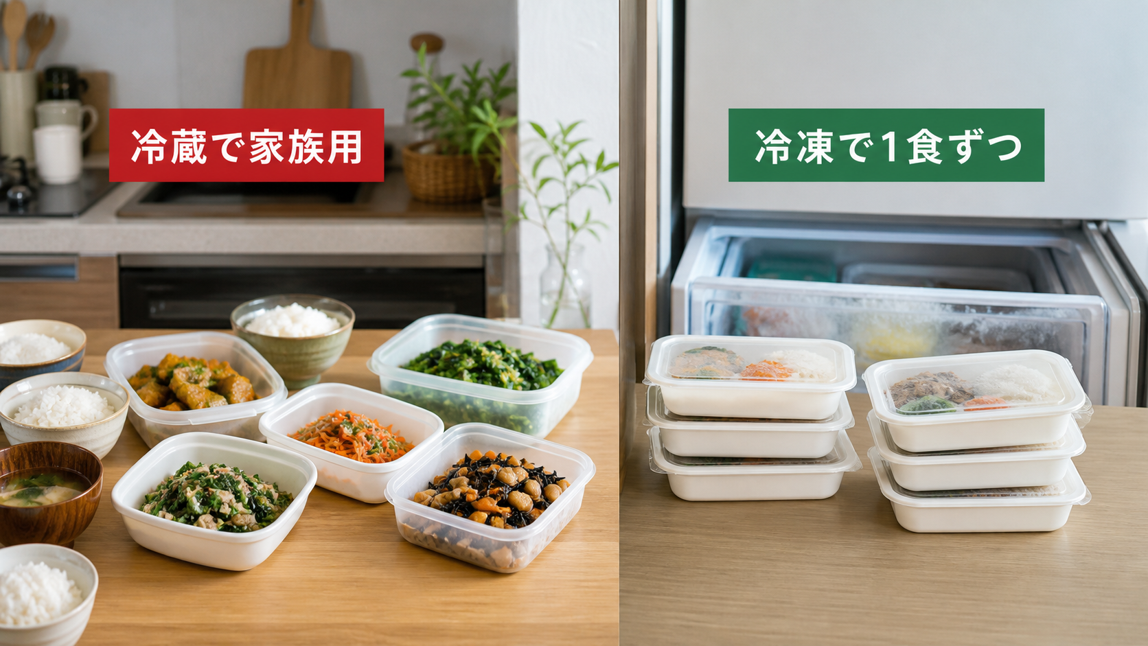 冷蔵の家族向け惣菜と冷凍1食ずつの宅食を比較するイメージ